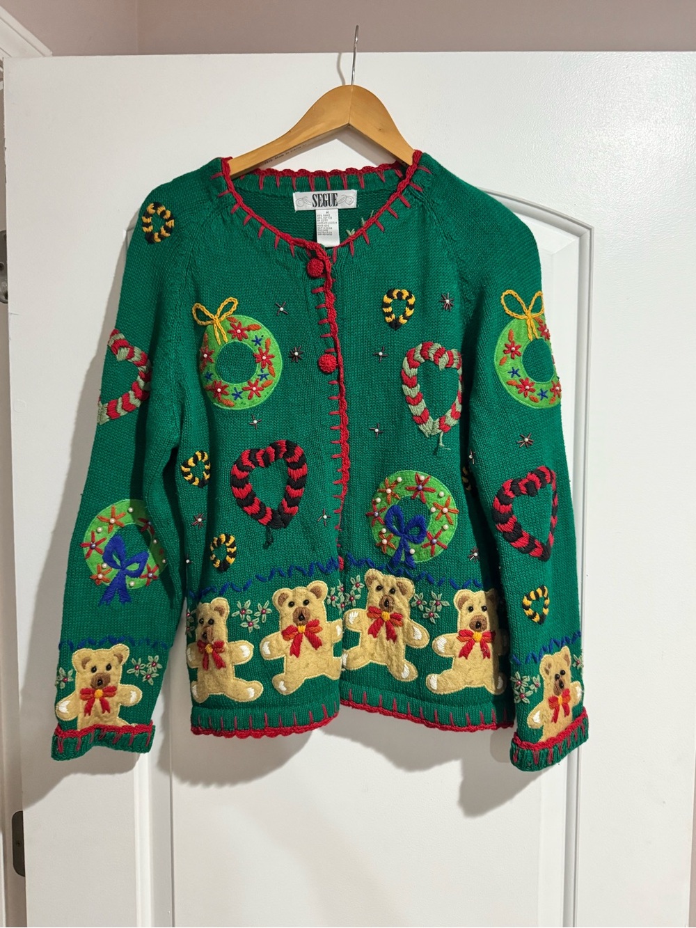 Vtg. Segue Cardigan Sweater Women Med Teddy Bear Wreath Ugly Xmas Knit Button Up